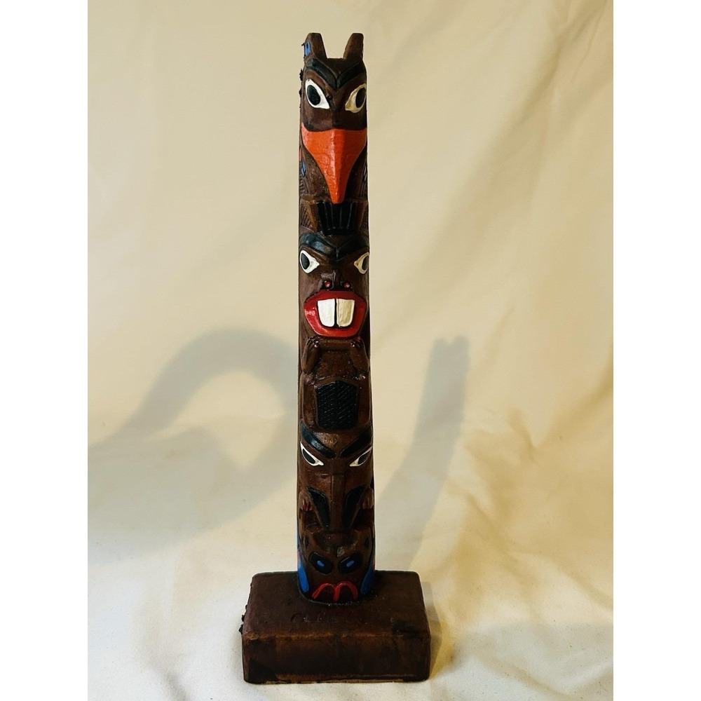 VTG Alaska Totem Pole Statue Carved Folk Art Made By Native Alaskans Collect 9"